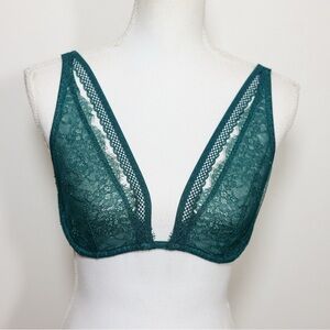 Victorias Secret Green Lace Plunge Bra Sheer Mesh Lingerie Underwire Womens 36C